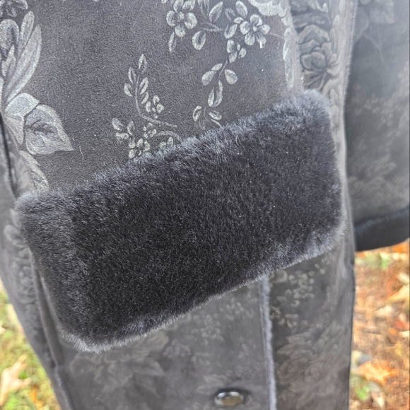 Dennis Basso Madison Avenue Jaquard Floral Print Faux Shearling Coat Hood Black - Picture 8 of 10